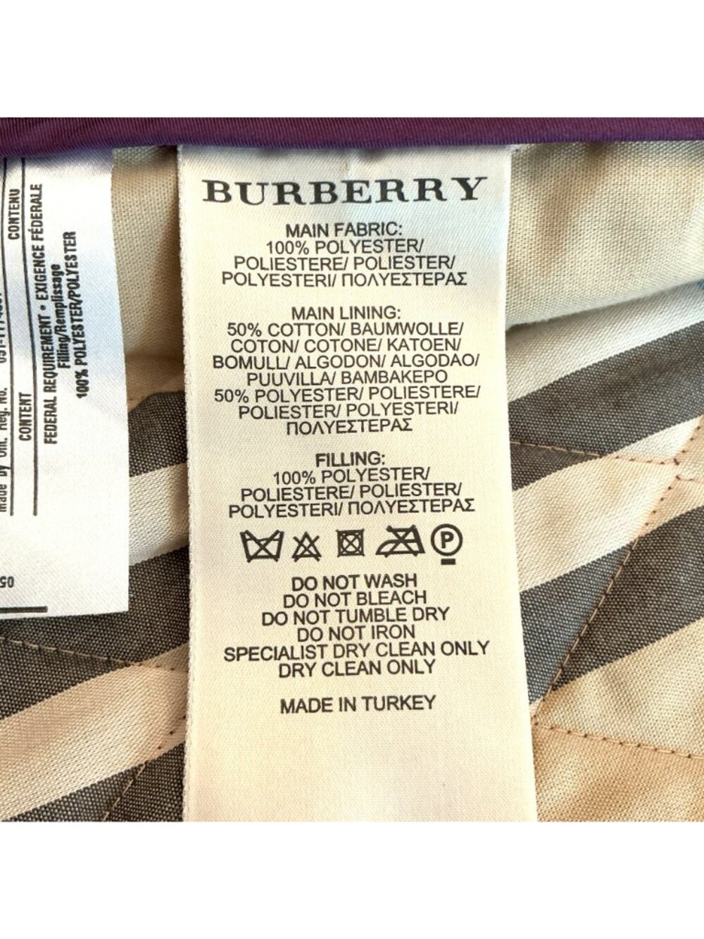 Burberry Womens Quilted Purple Jacket XLButton Closure Plaid-Lined Collar/Cuffs - Picture 16 of 16
